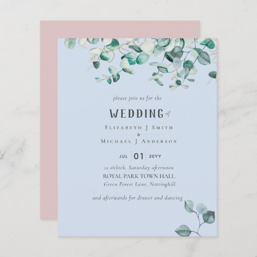 Dusty Blue Pink Eucalyptus BUDGET WEDDING Invite (Voorkant / Achterkant)