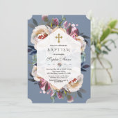 Dusty Blue Pink Floral Bouquet Geometric Baptisme Kaart (Staand voorkant)