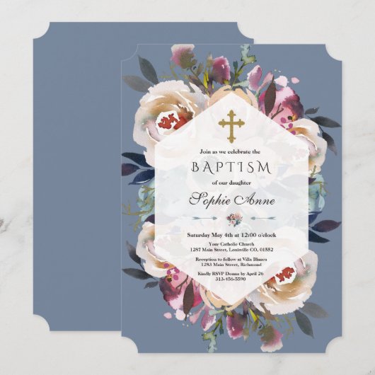 Dusty Blue Pink Floral Bouquet Geometric Baptisme Kaart (Voorkant / Achterkant)
