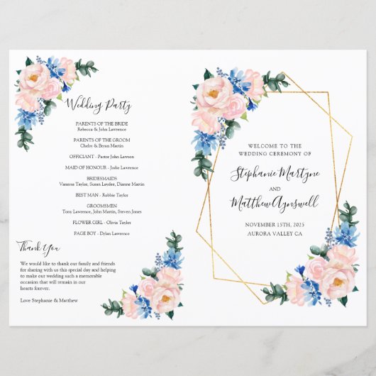 Dusty Blue Pink Floral Geometric Wedding Programme (Voorkant)