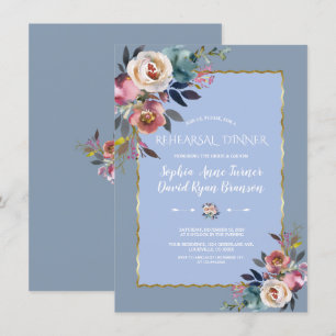 Dusty Blue Pink Floral Gold Lijst repetitie Dinner Kaart
