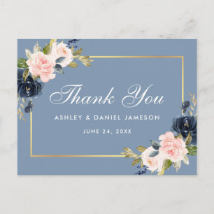Dusty Blue Pink Floral Gold Wedding Dank u Briefkaart