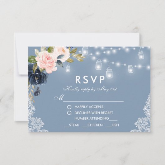 Dusty Blue Pink Floral Lace Wedding Meal RSVP Kaartje (Voorkant)