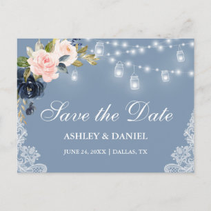 Dusty Blue Pink Floral Lights Kant Save the Date Aankondigingskaart