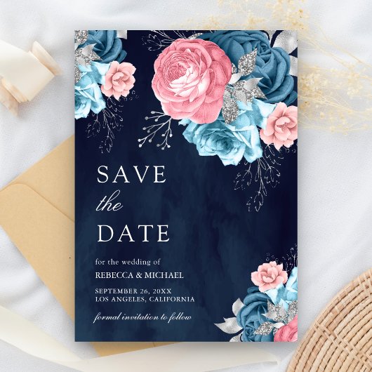 Dusty Blue Pink Floral Roos Navy Wedding Save The Date