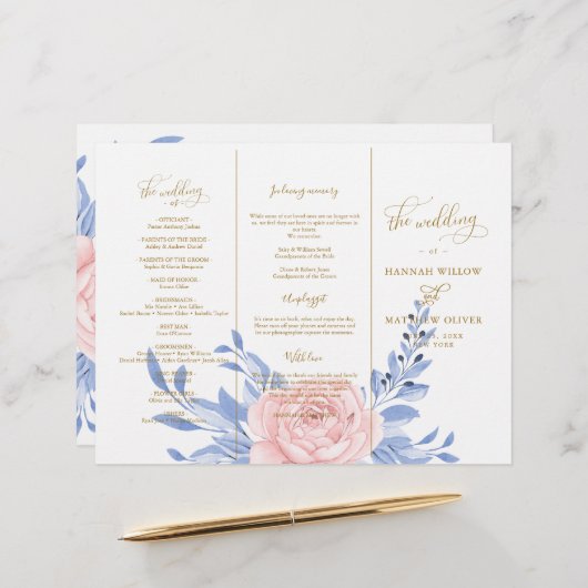 Dusty Blue Pink Floral Rustic Wedding Ceremony (Voorkant / Achterkant in situ)