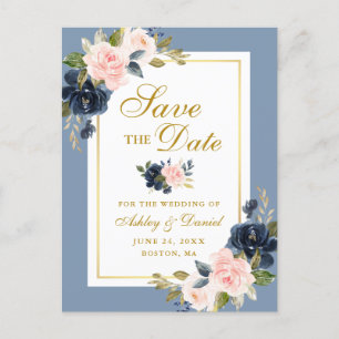 Dusty Blue Pink Floral Save the Date Gold Aankondigingskaart