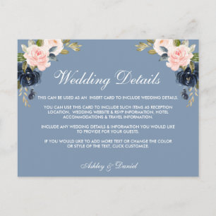 Dusty Blue Pink Floral Wedding Details Kaart invoe