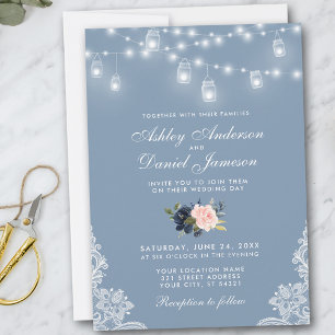 Dusty Blue Pink Floral Wedding Lace Lights Kaart