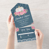 Dusty Blue Pink Floral White Pumpkin Weddenschap All In One Uitnodiging (Afscheurbaar)
