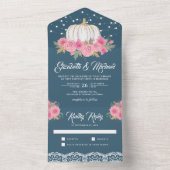 Dusty Blue Pink Floral White Pumpkin Weddenschap All In One Uitnodiging (Binnen)