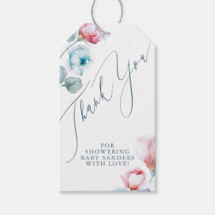 Dusty Blue Pink Flowers Elegant Bedankt voor je ca Cadeaulabel