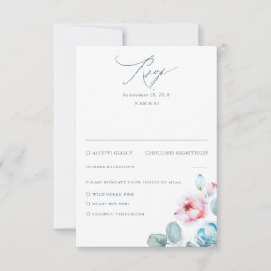 Dusty Blue Pink Flowers Elegant Dreamweaver Weddin RSVP Kaartje