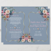 Dusty Blue Pink Flowers Gold Wedding Programme (Voorkant / Achterkant)