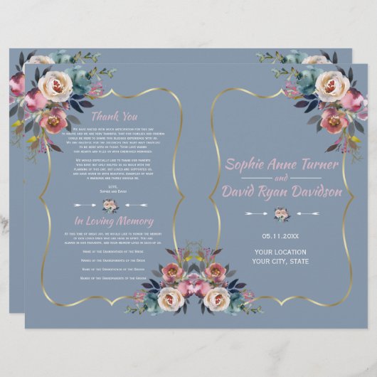 Dusty Blue Pink Flowers Gold Wedding Programme (Voorkant / Achterkant)