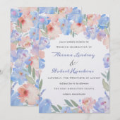 Dusty Blue Pink Waterverf Floral Wedding Inv Kaart (Voorkant / Achterkant)