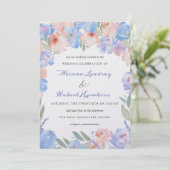 Dusty Blue Pink Waterverf Floral Wedding Inv Kaart (Staand voorkant)