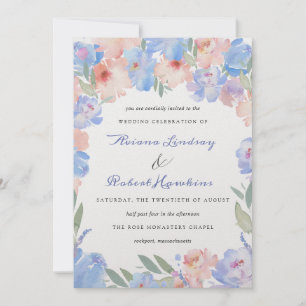 Dusty Blue Pink Waterverf Floral Wedding Inv Kaart