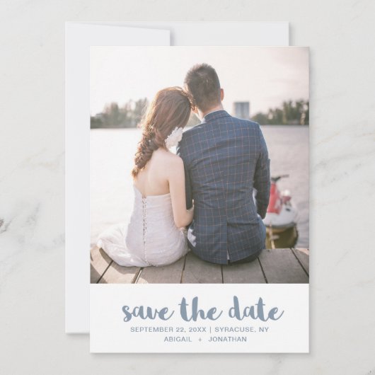  Dusty Blue Polka Dots Photo Weddenschap Save The Date (Voorkant)