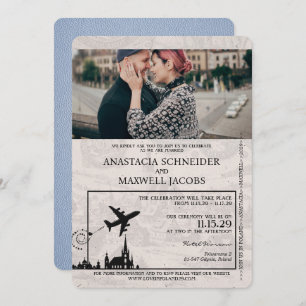 Dusty Blue Pologne Passeport Faire-part de mariage