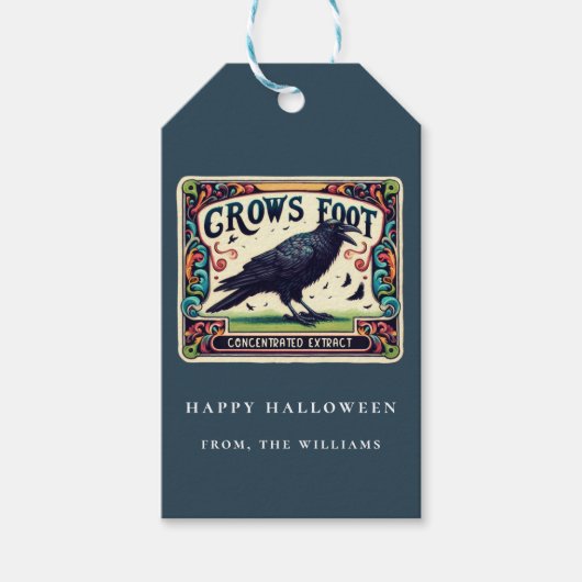 Dusty Blue Potion Halloween Black Crow Gift Label Cadeaulabel (Voorkant)