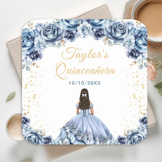Dusty Blue Princess Floral Quinceañera Vierkante Kartonnen Onderzetter