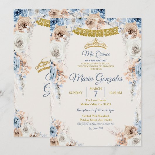 Dusty Blue Princess Mis Quince Invitation Annivers (Devant / Derrière)