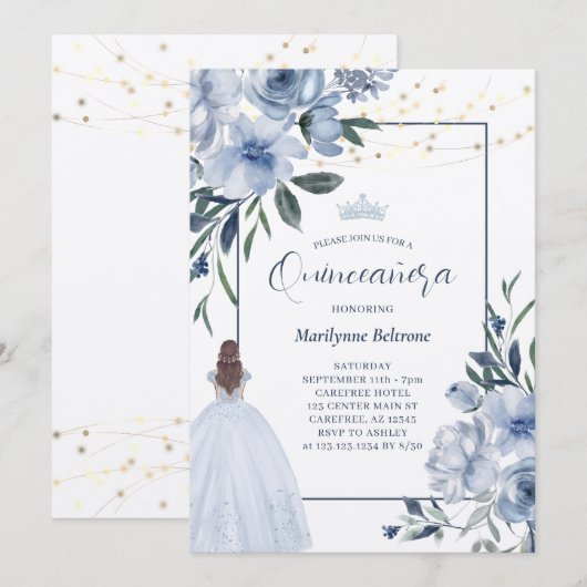Dusty Blue Princess Quinceañera Invitation (Devant / Derrière)