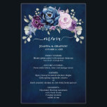 Dusty Blue Purple Navy Lilac Blooms Menu Mariage<br><div class="desc">Elégant bleu roux lavande lilas bleu violet à thème floral mariage menu avec élégant bouquet de bleu poussiéreux, marine, violet, couleur lilas bourgeons de fleurs roses et sauge vert eucalyptus feuilles. Veuillez me contacter pour toute aide sur la personnalisation ou si vous avez besoin d'un autre produit avec ce design....</div>