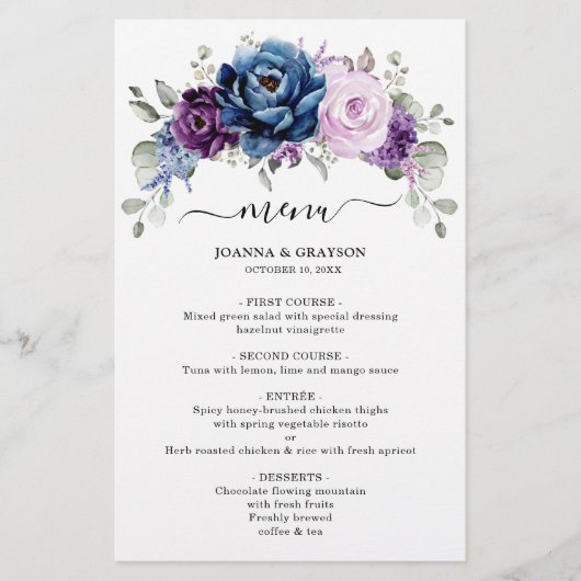 Dusty Blue Purple Navy Lilac Blooms Menu Mariage (Devant)