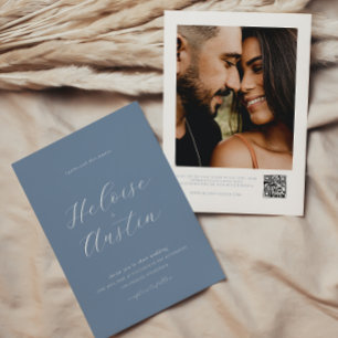Dusty Blue QR Code Photo B&W Faire-part de mariage