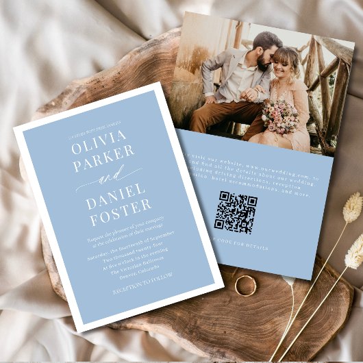 Dusty Blue QR Code Photo Minimalist Wedding Kaart