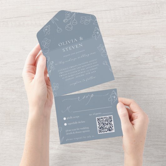 Dusty Blue QR Code Tout en une invitation (Déchirure)