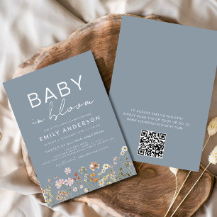 Dusty Blue QR Code Wildflower Baby in Bloom Shower Kaart