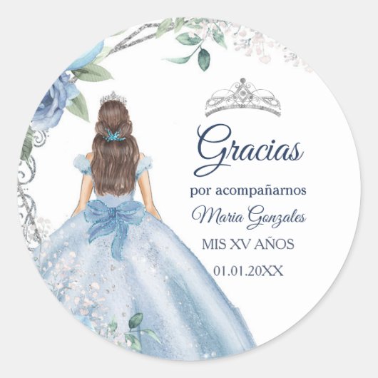 Dusty Blue Quinceañera Favor Bedankt Cadeau Labels (Voorkant)