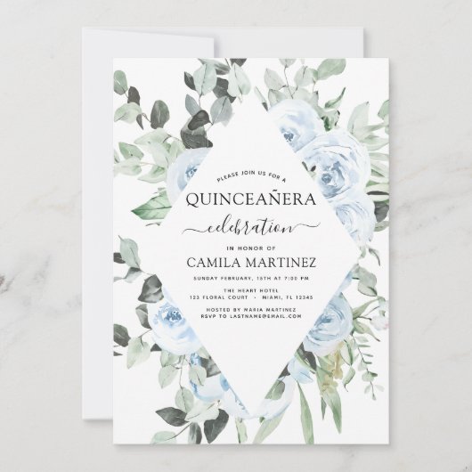 Dusty Blue Quinceañera Floral Invitation (Devant)