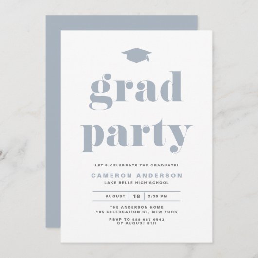 Dusty Blue Retro Bold Typography Afstudeerfeest Kaart (Voorkant / Achterkant)