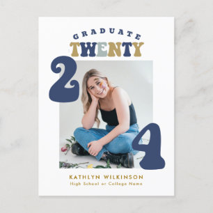 Dusty Blue Retro Groovy Fun Scrip Photo Afstuderen Uitnodiging Briefkaart