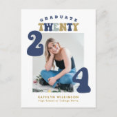 Dusty Blue Retro Groovy Fun Scrip Photo Afstuderen Uitnodiging Briefkaart (Voorkant)