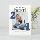 Dusty Blue Retro Groovy Script Photo Afstuderen Kaart (Staand voorkant)