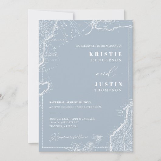 Dusty Blue Retro Reizen QR Code Foto Bruiloft Kaart (Voorkant)