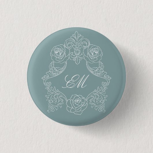 Dusty Blue Rococo Crest Monogram Ronde Button 3,2 Cm (Voorkant)