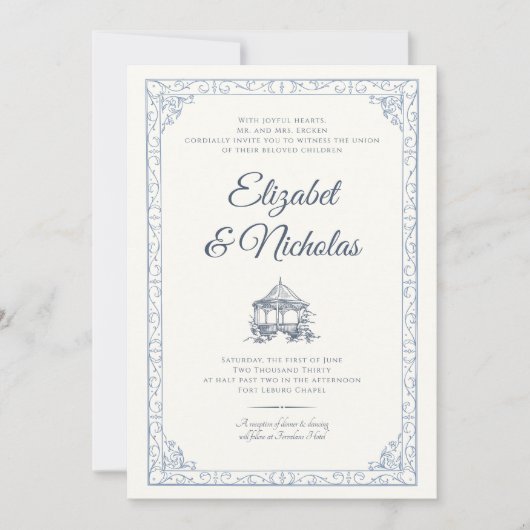 Dusty Blue Rococo Garden Wedding Invitation Kaart (Voorkant)