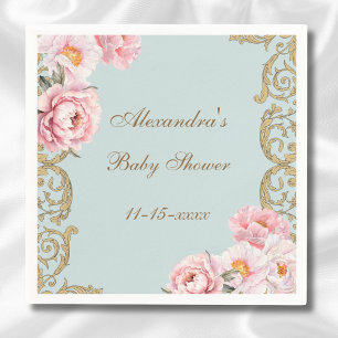 Dusty Blue Rococo Pink Floral Baby shower Servet