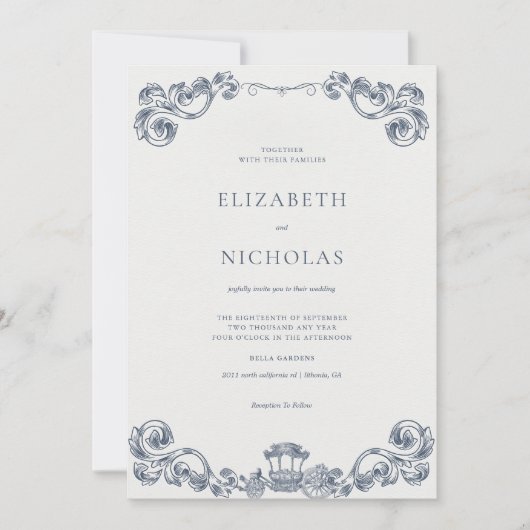 Dusty Blue Rococo Revival Wedding Invitation Kaart (Voorkant)