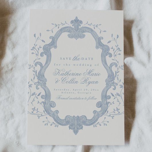 Dusty Blue Rococo Save The Date Card Kaart