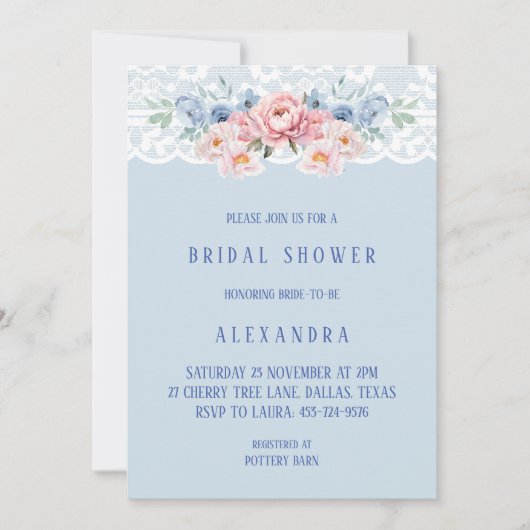 Dusty Blue Romantic Pink Floral Lace Vrijgezellenf Kaart (Voorkant)