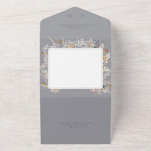 Dusty Blue  Romantic Wildflower No Dinner All In One Uitnodiging (Buitenkant)