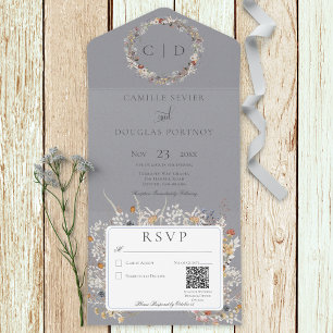 Dusty Blue Romantic Wildflower QR-code All In One Uitnodiging