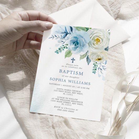 Dusty Blue Roos Floral Baptism Invitation Kaart